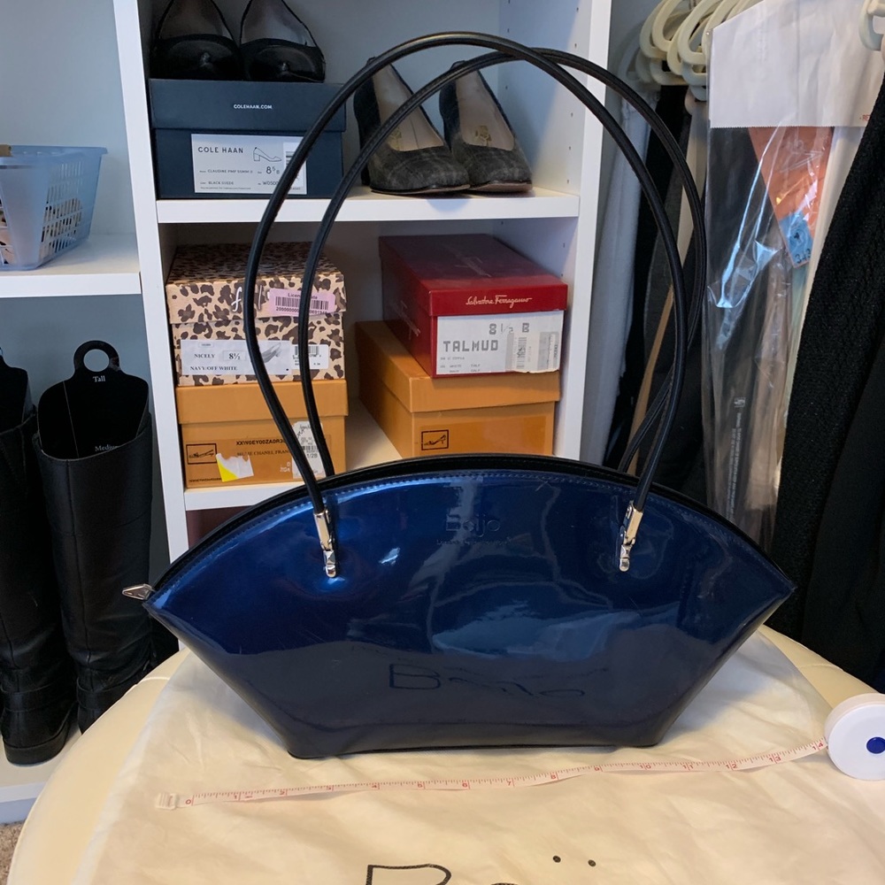 Blue patent Beijo bag, includes dust bag